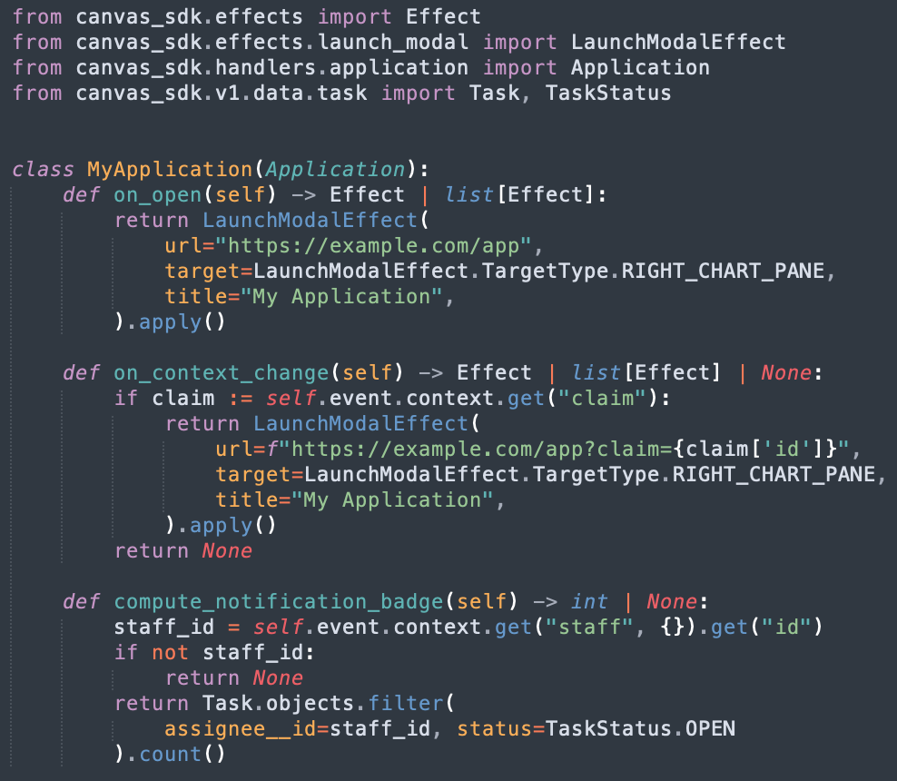 Abridged source code of an application implementation.