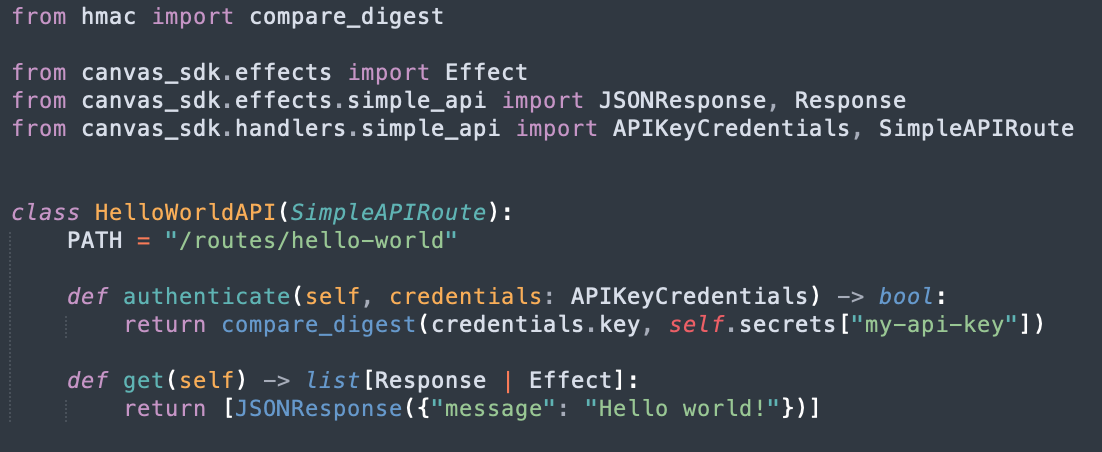 Abridged source code of a SimpleAPI route implementation.